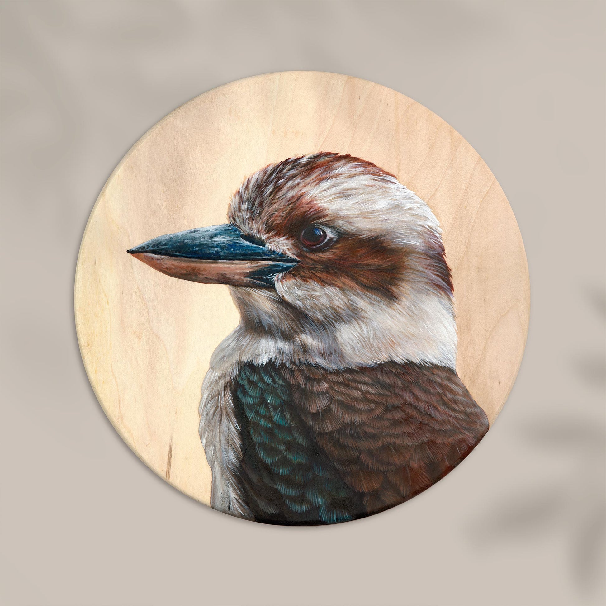 Original Kookaburra artwork created in oil paint on a round wood panel. A native Australian bird artwork by Brittany March