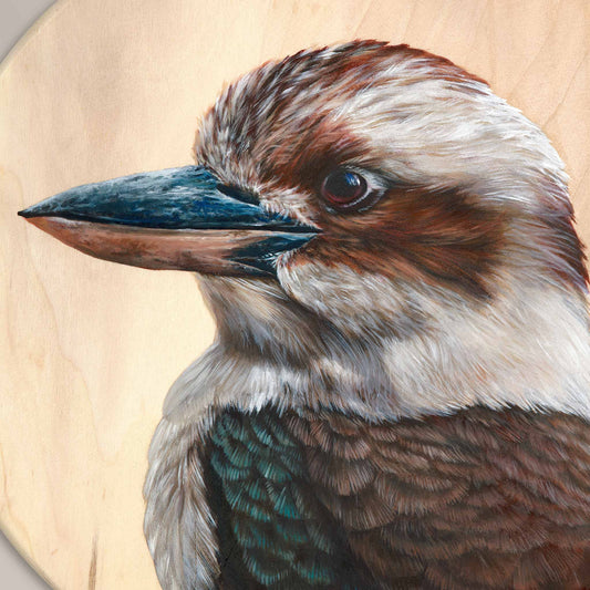 Original Kookaburra artwork created in oil paint on a round wood panel. A native Australian bird artwork by Brittany March