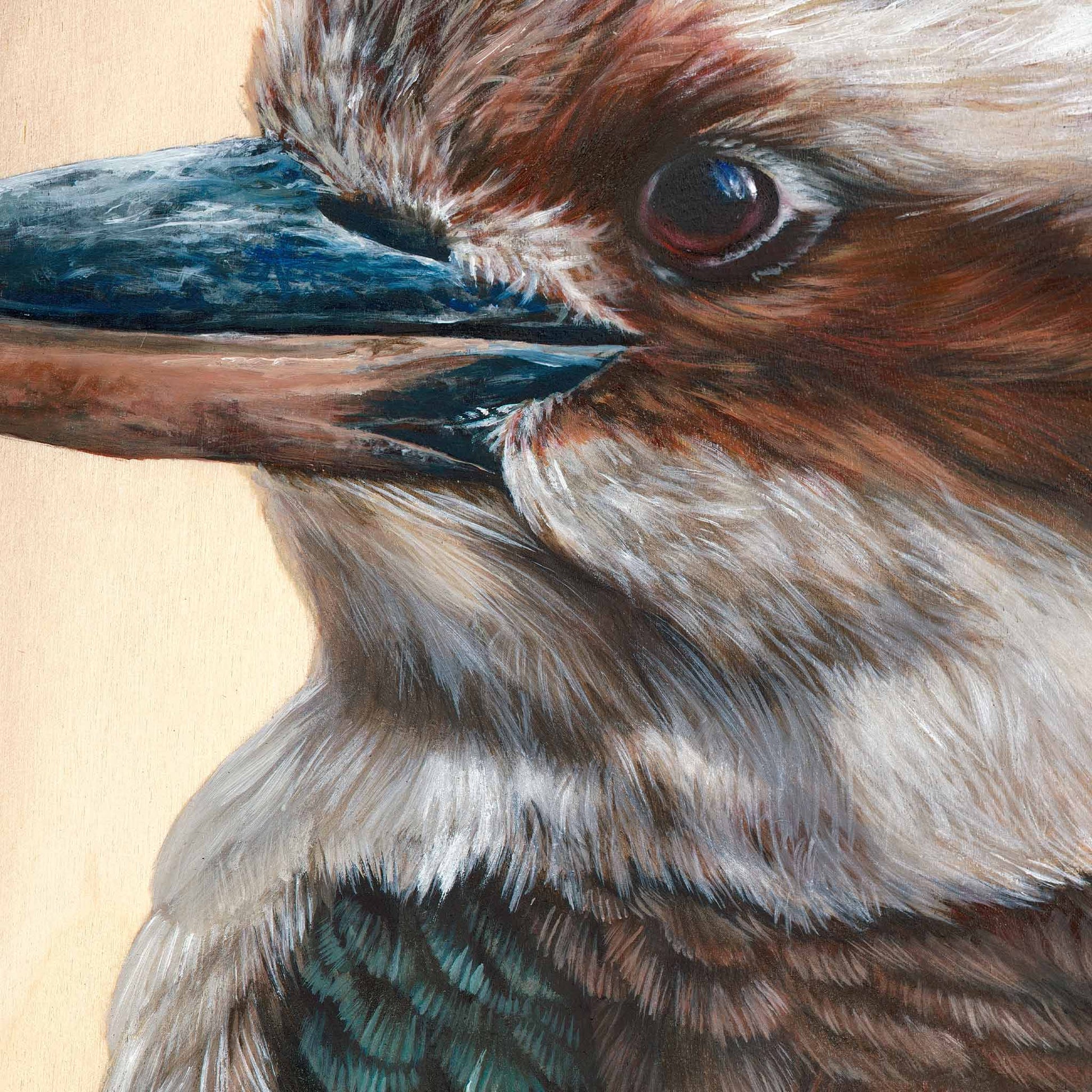 Original Kookaburra artwork created in oil paint on a round wood panel. A native Australian bird artwork by Brittany March