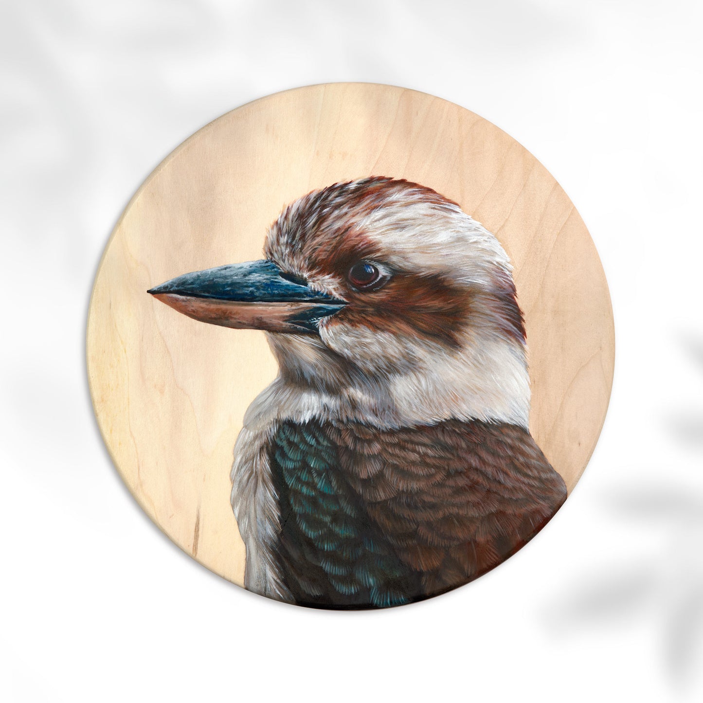 Original Kookaburra artwork created in oil paint on a round wood panel. A native Australian bird artwork by Brittany March