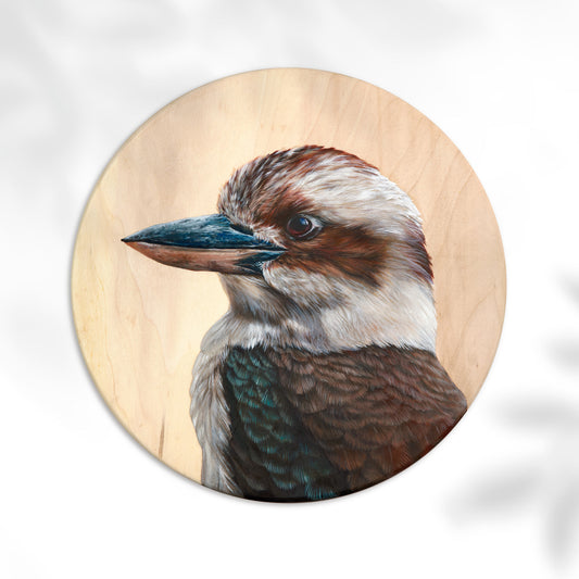 Original Kookaburra artwork created in oil paint on a round wood panel. A native Australian bird artwork by Brittany March