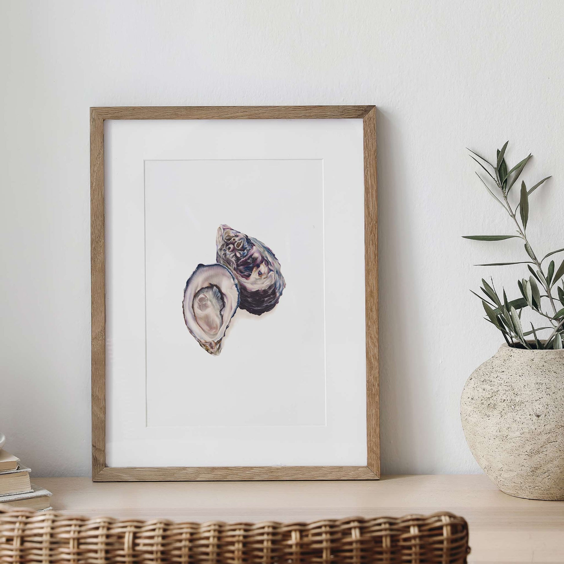 Oyster artwork by Australian Marine Life Artist Brittany March. Two detailed oysters  in a frame.