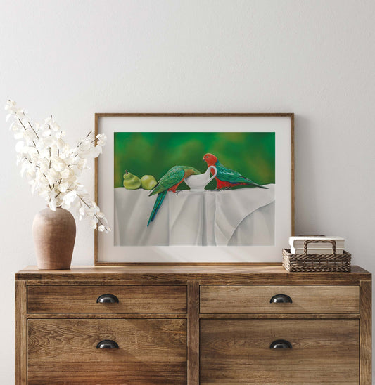 artwork of two king parrot birds in a still life composition