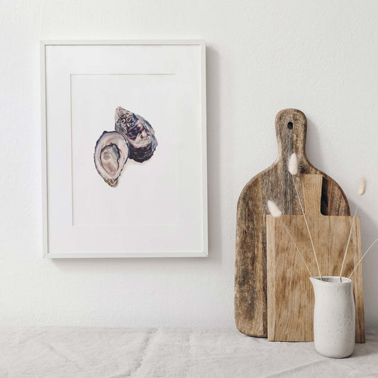 Oyster artwork by Australian Marine Life Artist Brittany March. Two detailed oysters  in a frame.