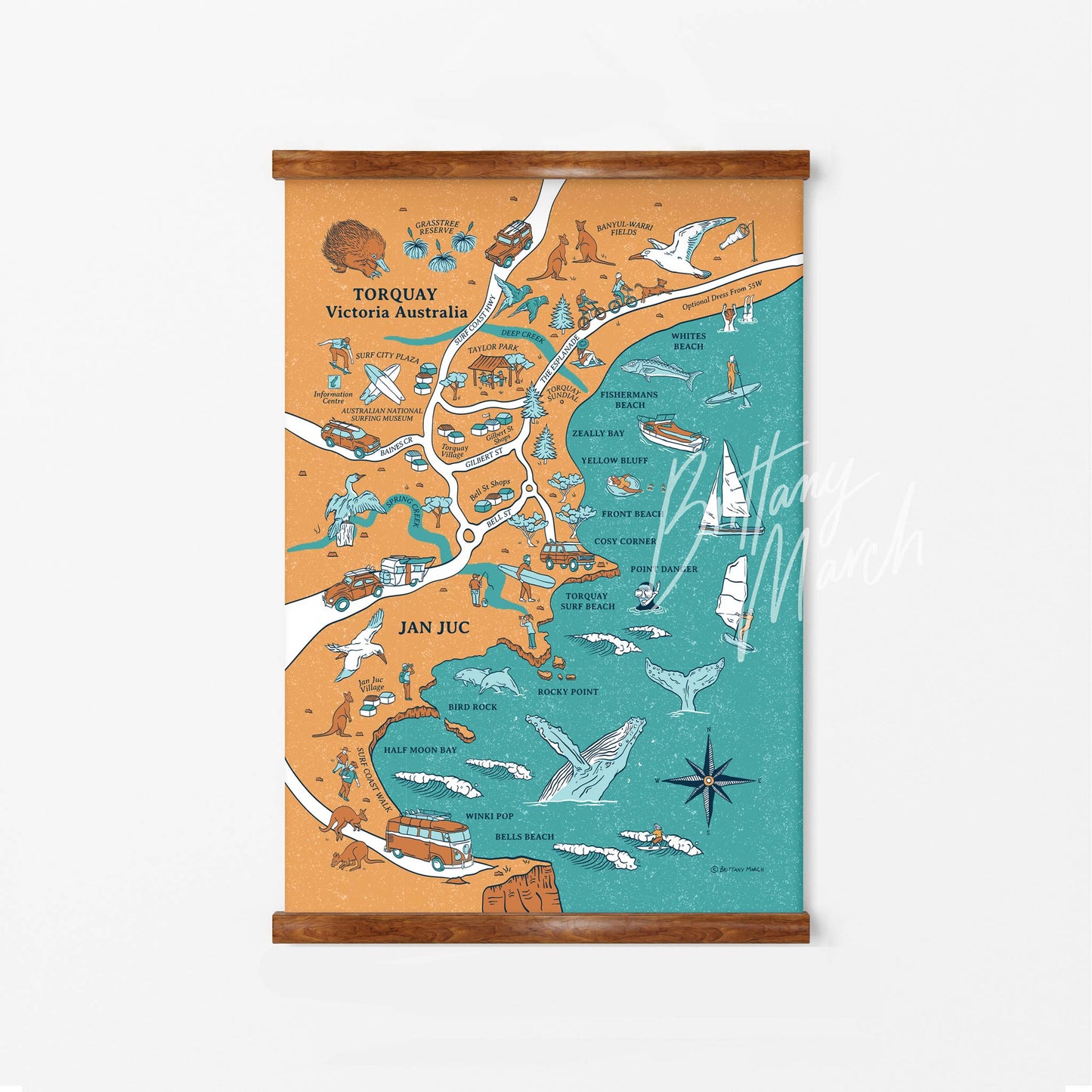Torquay & Jan Juc - A1 Canvas - Illustrated Map