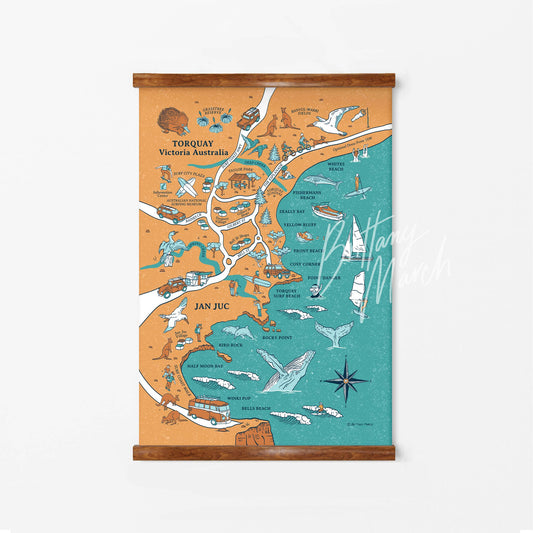 Torquay & Jan Juc - A1 Canvas - Illustrated Map