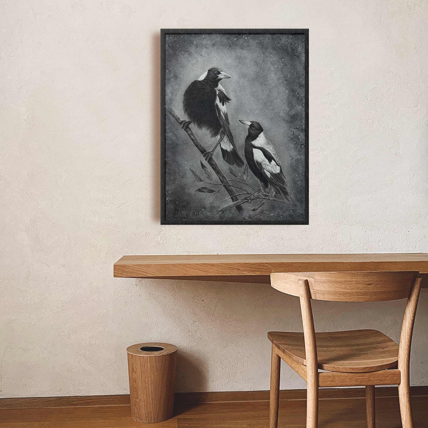 Magpie artwork in frame